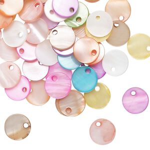 Drop mix, mother-of-pearl shell (bleached / dyed) 1pkg100, mixed colors, 8mm flat round.