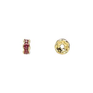 Bead 1pkg10 gold-finished, 6x3mm rondelle, brass / rose rhinestone