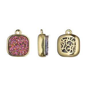 Drop, Druzylite&trade;, "druzy" (resin) and gold-finished brass, metallic purple, 11.5mm two-sided square with open filigree back. Sold per pkg of 4.