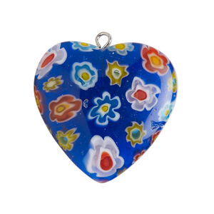 Focal 1pkg1, silver-finished steel / millefiori glass, translucent multicolored / cobalt blue, 29-31mm puffed heart.