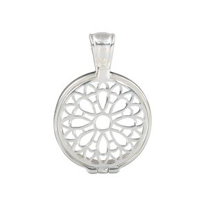Pendant, sterling silver, 29x21mm hinged round with flower design and 18mm cabochon setting. Sold individually.