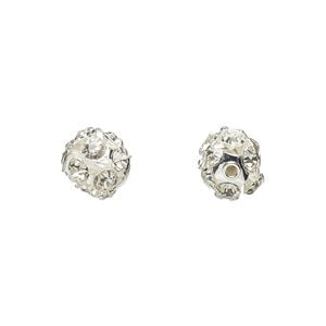 Bead 1pkg6 imitation rhodium-plated, 8mm round, brass / Egyptian glass rhinestone / clear