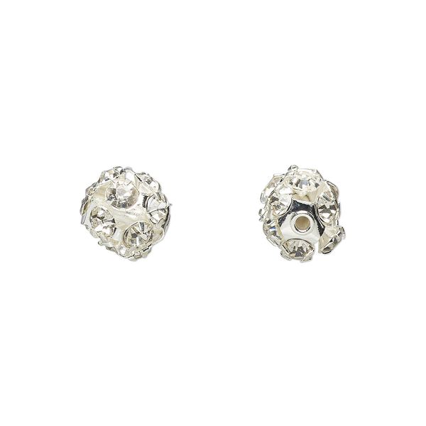 Bead 1pkg6 imitation rhodium-plated, 8mm round, brass / Egyptian glass rhinestone / clear image number 0