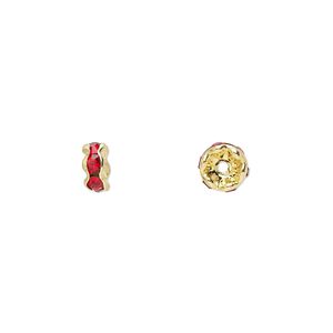 Bead 1pkg10 gold-finished, 5x2mm rondelle, brass / red rhinestone
