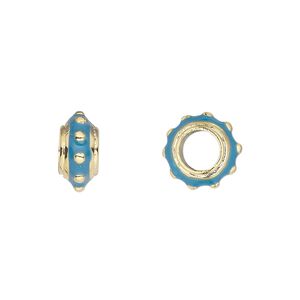 Bead 1pkg1 gold-finished "pewter", 12x6mm rondelle, enamel blue Dione&reg;