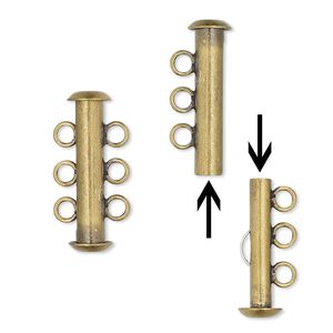 Clasp slide lock 1pkg10 gold-plated, 21x6mm tube, antique brass 3-strand