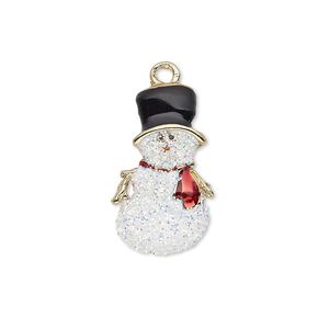 Charm, enamel and gold-finished "pewter" (zinc-based alloy), white / black / red with glitter, 23x14mm single-sided snowman. Sold individually.