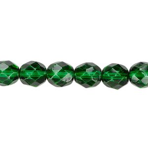 Bead, Czech fire-polished dipped d&eacute;cor glass, emerald green, 8mm faceted round. Sold per 15-1/2" to 16" strand, approximately 50 beads.