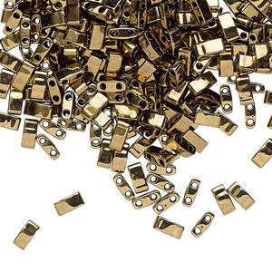 Seed bead, TILA&reg;, glass, pkg/10g, 5x2.3mm half tila rectangle, opaque metallic dark bronze, (HTL-457).