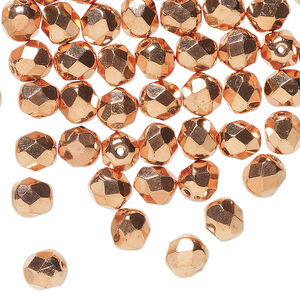 Bead, Preciosa Czech fire-polished glass 1pkg1mass, opaque copper-plated clear, 6mm faceted round.