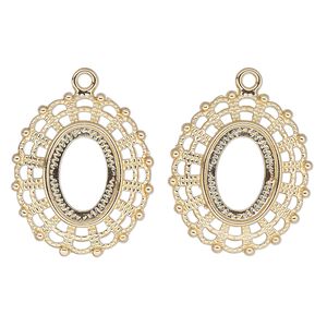 Focal, gold-plated "pewter" (zinc-based alloy), 32x28mm fancy oval, 18x13mm oval setting. Sold per pkg of 2.