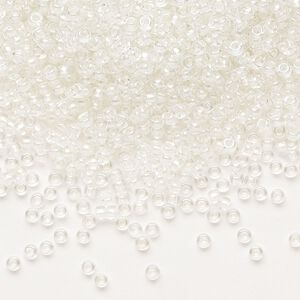 Seed bead, Miyuki, glass, pkg/250g, #11 rocaille, translucent white pearl-lined rainbow pale beige, (RR-3801).