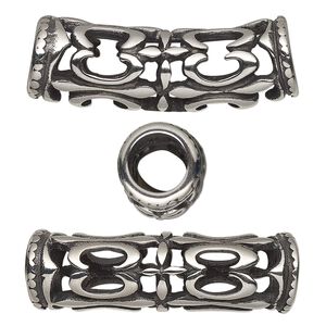 Bead 1pkg1 stainless steel, 34.5x12mm curved tube / open filigree, antiqued