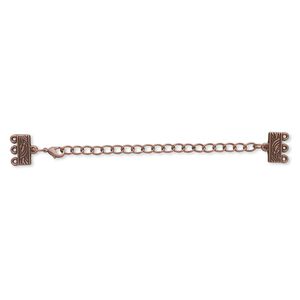 Clasp lobster claw 1pkg6 "pewter", 32x13mm / 13x6mm rectangle end bar, 3-strand / copper-finished / antiqued