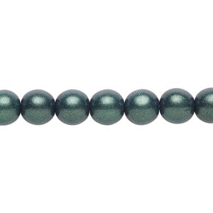 Bead, Czech glass druk, opaque satin dark green, 8mm round. Sold per 15-1/2" to 16" strand.