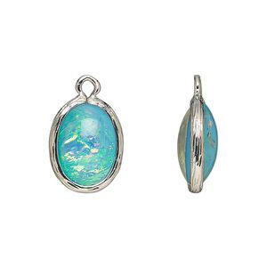 Drop, Opalized Ice&trade;, "opal" (resin) and imitation rhodium-finished brass, opaque light blue, 16x12mm double-sided oval. Sold per pkg of 4.