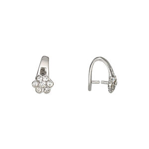 Bail, ice-pick, Egyptian glass rhinestone and imitation rhodium-plated brass, clear, 11x7mm flower, 7.5mm grip length. Sold per pkg of 6.