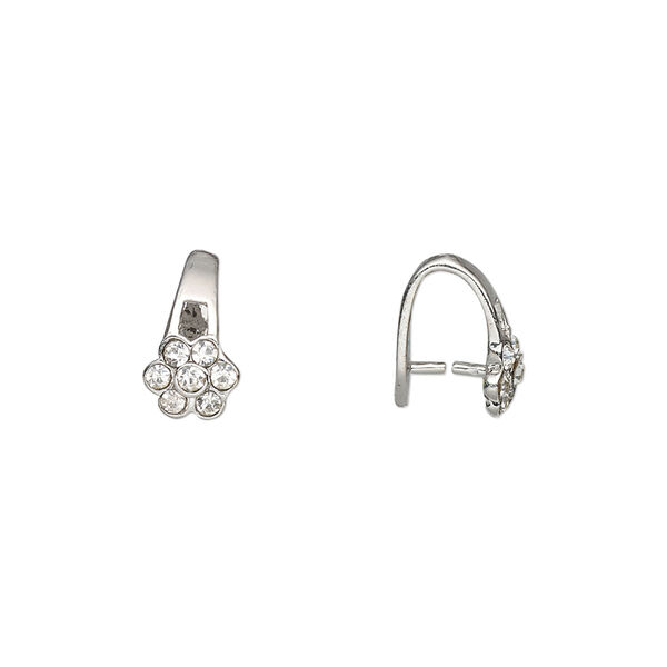 Bail, ice-pick, Egyptian glass rhinestone and imitation rhodium-plated brass, clear, 11x7mm flower, 7.5mm grip length. Sold per pkg of 6. image number 0