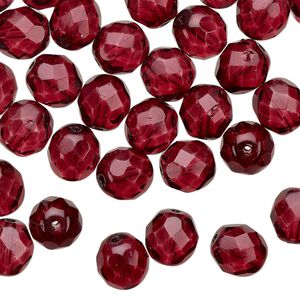 Bead 1pkg50 Czech fire-polished glass, 8mm faceted round, translucent dipped d&eacute;cor garnet red