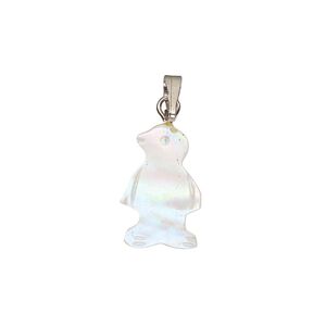 Pendant, mother-of-pearl shell (bleached) / antique silver-finished "pewter" (zinc-based alloy) / steel 1pkg1, 16x11mm-17x12mm single-sided carved penguin.