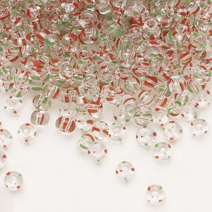 Seed bead, Preciosa Ornela, glass, transparent red / green / clear, #6 rocaille. Sold per 500-gram pkg.