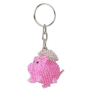 Keychain, nylon / glass / stainless steel, multicolored, 34x32x24mm flying pig, 3 inches with split ring. Sold individually.