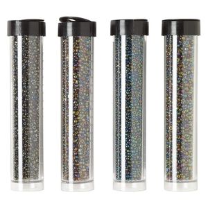 Seed bead assortment, Ming Tree&trade;, glass, pkg/(4) 4 x 3/4 inch vials, #11 round, opaque and translucent rainbow iris brown, moss, green and gold purple.