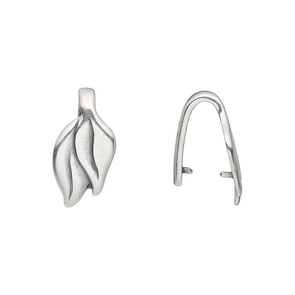 Bail, JBB Findings, ice-pick, antique silver-plated pewter (tin-based alloy), 18x9mm single-sided double leaf with 11mm grip length. Sold per pkg of 2. image number 0