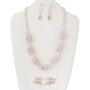 Necklace, bracelet and earring set, silver-finished "pewter" (zinc-based alloy) / brass / steel / silver-colored plastic / glass, pink with AB finish, rosebud and 12x8mm faceted rondelle, 22 inches with tab clasp, 7-1/2 inch stretch bracelet, 1-3/8 inch earrings with fishhook ear wire. Sold per set.