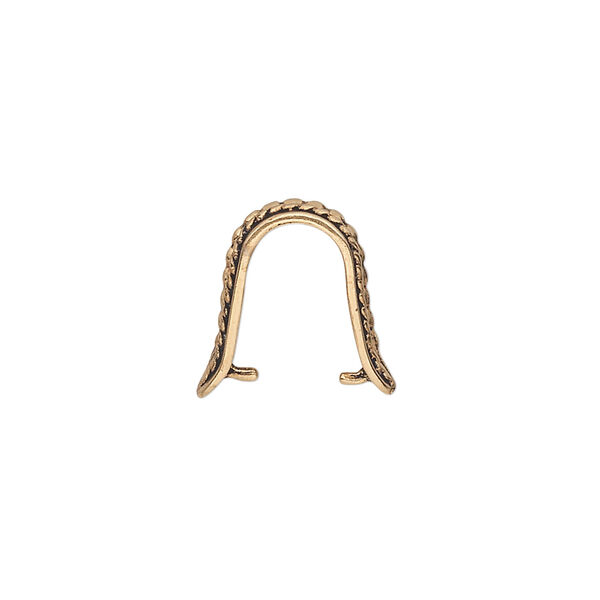 Bail, ice-pick, antiqued brass, 16x8mm beaded shield with dots and braids design, 12mm grip length. Sold individually. image number 1