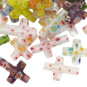 Bead mix 1pkg1, millefiori glass, translucent and transparent multicolored, 17x12mm-20x14mm cross. 2-ounce pkg, approximately 60 beads.