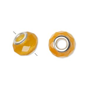 Bead, Dione&reg;, cat's eye glass (fiber optic glass) and silver-plated brass grommets, yellow, 13x10mm-14x10mm faceted rondelle. Sold per pkg of 4.