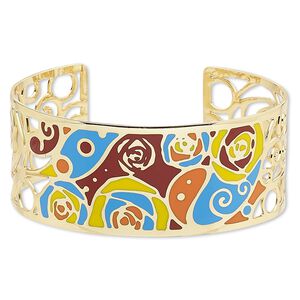Bracelet, Avant-Garde Jewelry Collection&trade;, cuff, enamel and gold-plated brass, multicolored, 30mm wide with cutout and rose with swirl design, adjustable from 7-1/2 to 8 inches. Sold individually.
