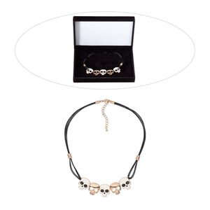 Necklace, enamel / organza ribbon / waxed cotton cord / rose gold-finished brass / steel / "pewter" (zinc-based alloy), black and white, 16 inches with 2-inch extender chain and lobster claw clasp. Sold individually.