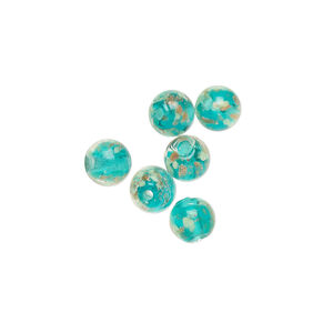 Bead, lampworked glass, clear / teal / glow-in-the-dark / gold, 6mm round. Sold per pkg of 6.