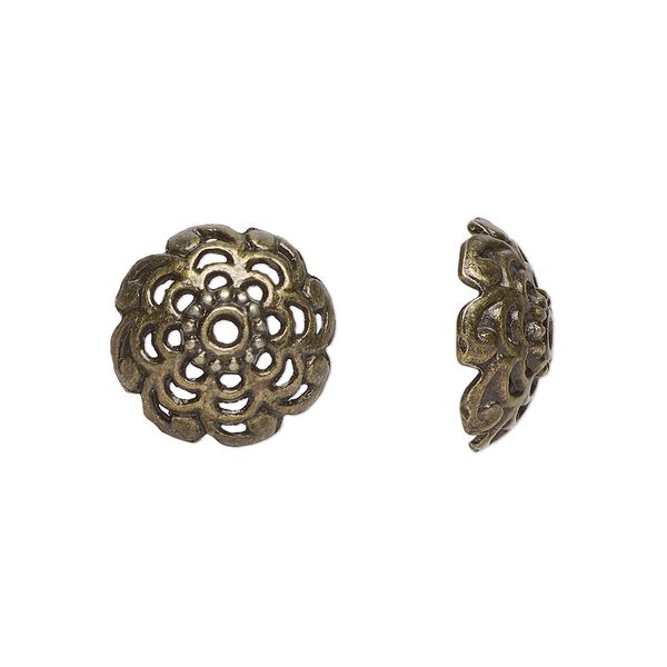 Bead cap, antiqued brass-finished "pewter" (zinc-based alloy), 15x6mm open flower round, fits 12-13mm beads. Sold per pkg of 20. image number 0