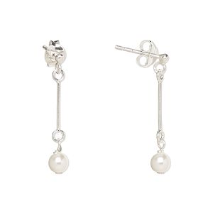 Earstud, Create Compliments&reg;, sterling silver and glass pearl, white, 25.5mm. Sold per pair.