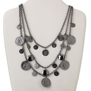 Necklace, 3-strand, gunmetal-finished steel and brass with acrylic, black luster, coin and faceted puffed flat round, 18 inches with 3-inch extender chain and lobster claw clasp. Sold individually.