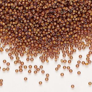 Seed bead, Miyuki, glass, pkg/35g, #15 rocaille, translucent white-lined luster dark topaz, (RR-3761).