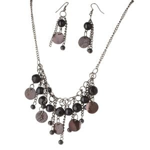 Necklace and earring set, glass, shell and acrylic, grey, 15mm disc, 10mm and 6mm round, 12mm faceted round, 18 inches with silver-plated brass lobster claw clasp and 3-inch extender chain. Sold per set.