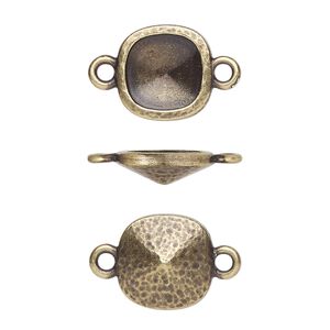 Link, TierraCast&reg;, Almost Instant Jewelry&reg;, antique brass-plated pewter (tin-based alloy), 13mm hammered square with 10mm cushion glue-in setting (4470). Sold per pkg of 2.