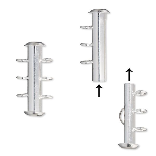 Clasp slide lock 1pkg4 silver-plated, 21x6mm round tube, brass 3-strand image number 0