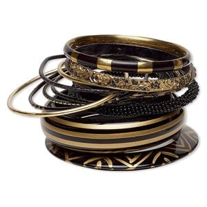 Bracelet, bangle, painted wood / resin / glass / aluminum / brass, black and gold with glitter, 2.5-18mm wide, 7-1/2 to 8 inches. Sold per 13-piece set.