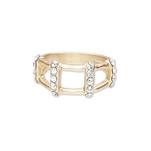 Ring, glass rhinestone and gold-finished "pewter" (zinc-based alloy), clear, 12mm wide with open rectangle, size 9. Sold individually.