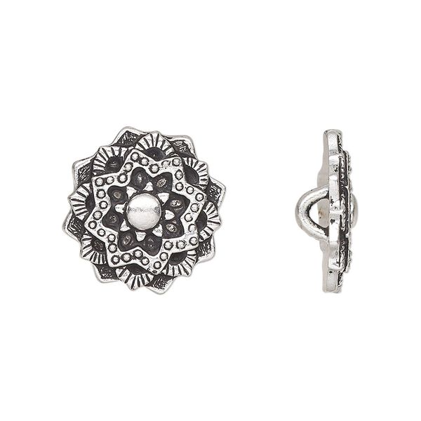 Button, TierraCast&reg;, antique silver-plated pewter (tin-based alloy), 17.5mm mandala with hidden closed loop. Sold per pkg of 20. image number 0