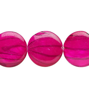 Mother-of-pearl shell 1pkg1, puffed flat round bead 15 inch dark fuchsia / black stripe 17-18mm