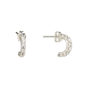 Earring, sterling silver and cubic zirconia, clear, 12mm half hoop with post. Sold per pair.