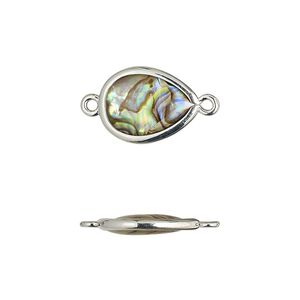 Link, paua shell and imitation rhodium-finished brass (assembled), 14.5x10.5mm-15.5x11.5mm double-sided teardrop. Sold per pkg of 4.