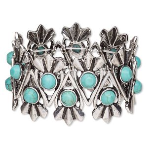 Bracelet, stretch, magnesite (dyed / stabilized) and antique silver-plated "pewter" (zinc-based alloy), blue, 38mm wide with zigzag design, up to 7 inches. Sold individually.