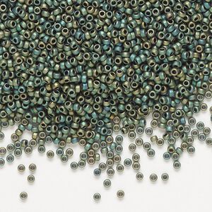 Seed bead, Miyuki, glass, pkg/35g, #15 rocaille, opaque matte metallic iris green patina (RR-2067).